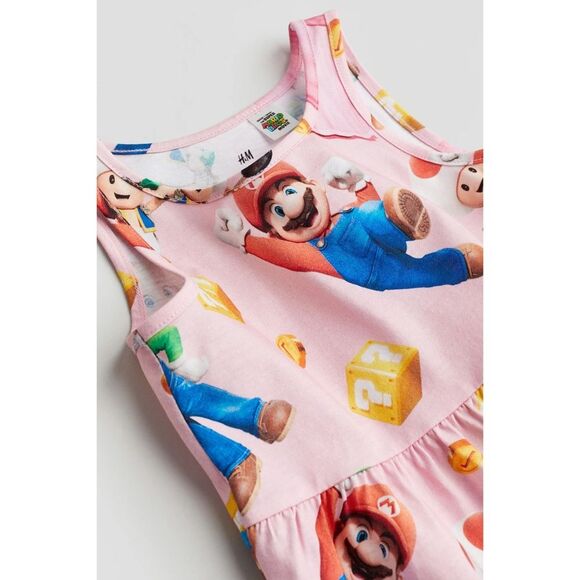 H&M Girls Super Mario World Luigi Toad Pink Cotton Tank Top Dress Size 8-10 - Picture 2 of 3